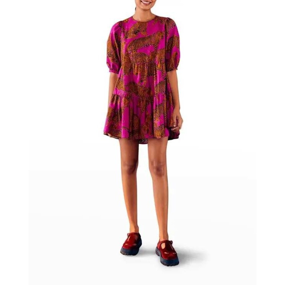 Farm Rio Magenta Pink Leopard Print Tiered Puff Sleeve Mini Dress Women Size S